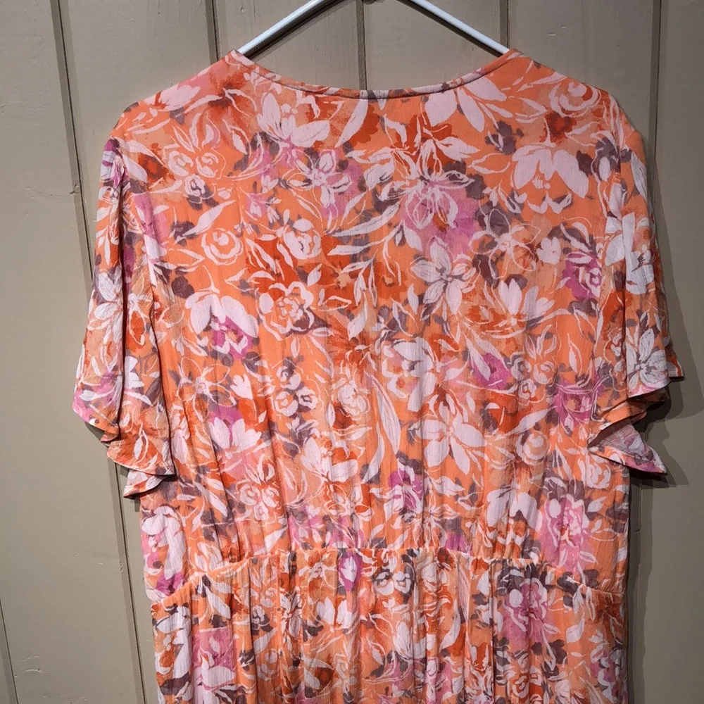 3X low cut lace up coral white floral print maxi dress crochet cut out details - Picture 6 of 14